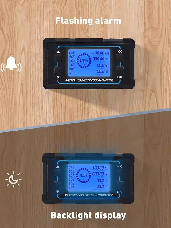 Battery monitor Flashing alarm and Backlight display